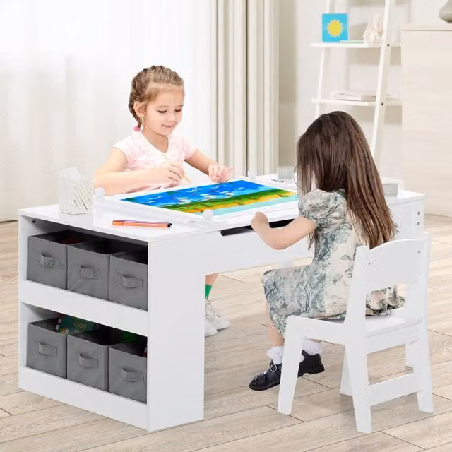 COSTWAY 2-in-1 Childrens Art Easel Set with Reversible Board and Height Adjustable Tilting Top in White