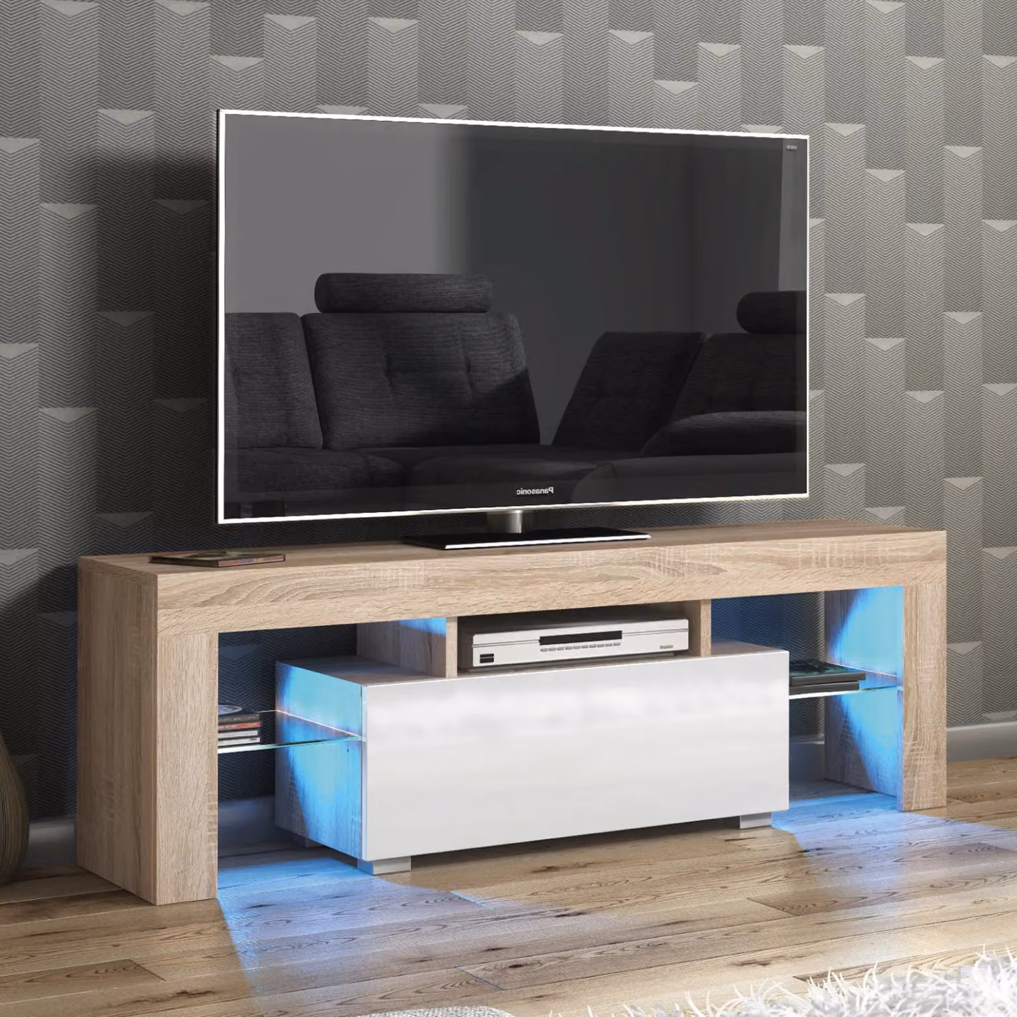 Creative Furniture Floe TV Unit in Oak with White Gloss Doors and LED Lights, W/D/H: 130 x 45 x 35 cm – 4