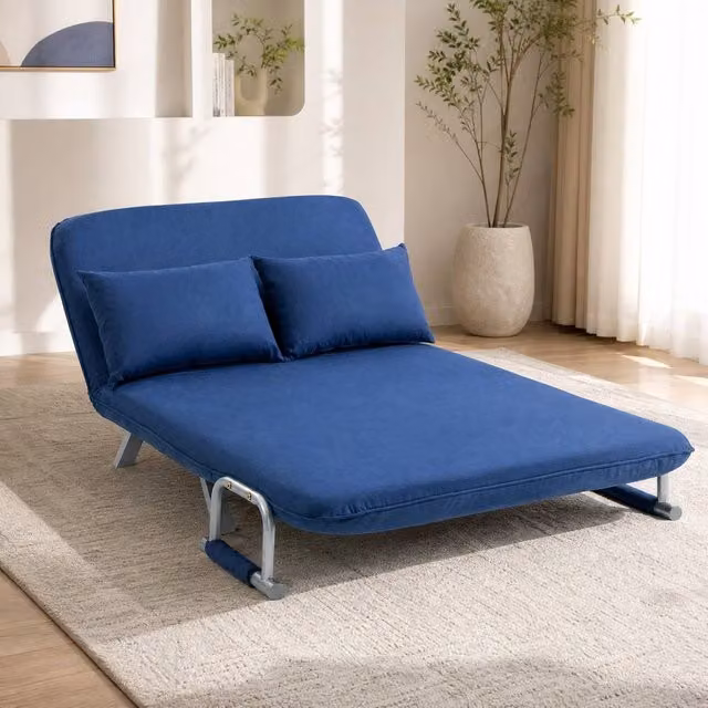 STILVORA Blue Microfibre Two-Seater Click-Clack Sofa Bed with Adjustable Headrest and Scatter Cushions – 1