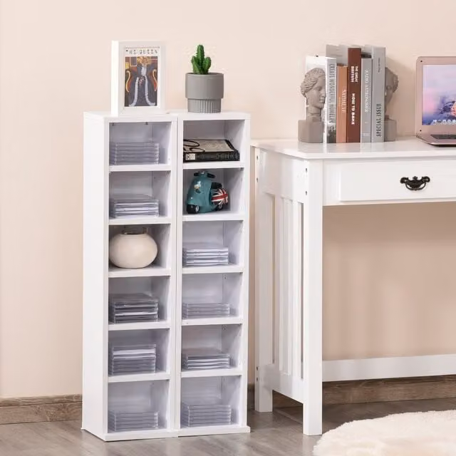 HOMCOM Set of 2 White MDF CD Media Display Shelf Units with Media Compartments
