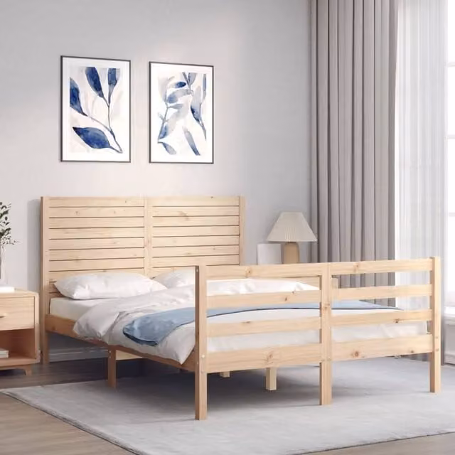 Berkfield Home Beautiful Small Double Solid Wood Bed Frame with Headboard in Natural Pine