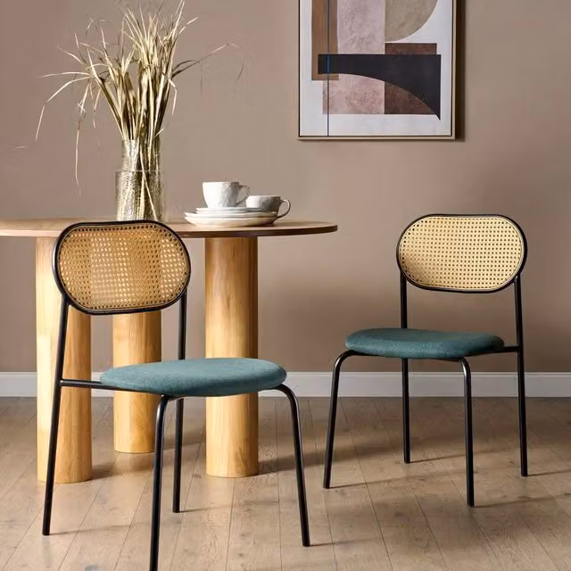 Wyld Haus Set of 2 Retro Viennese Dining Chairs with Green Fabric Seats and Black Iron Frames – 1