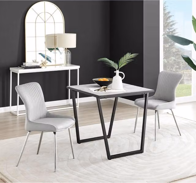 FurnitureboxUK Carson White Marble Effect Square Dining Table and 2 Nora Silver Leg Chairs in Light Grey