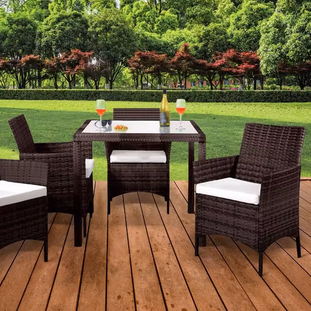 Comfy Living 5 Piece Modern Brown Rattan and Metal Garden Dining Set with Glass Tabletop and Cover
