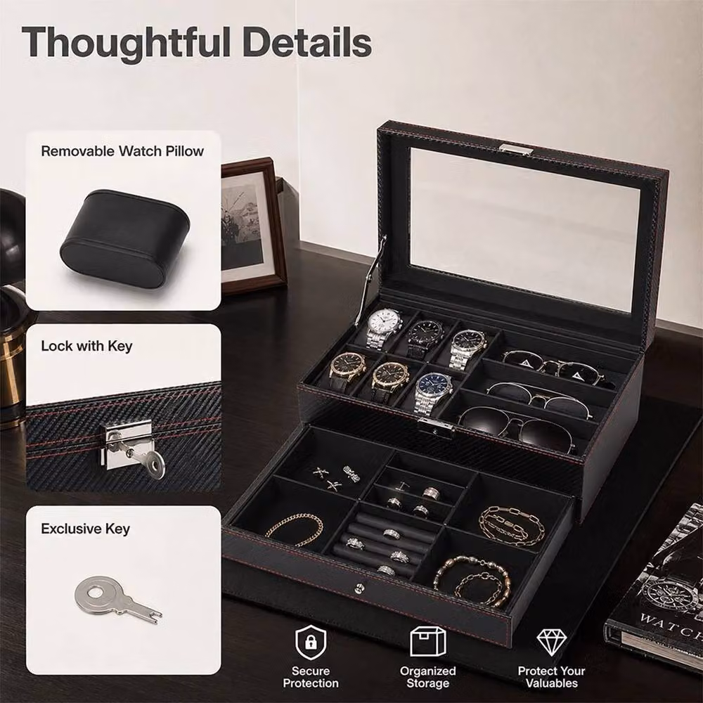 FLAVORA 2 Layer Watch and Jewellery Storage Box with Glass Lid, Black – 6