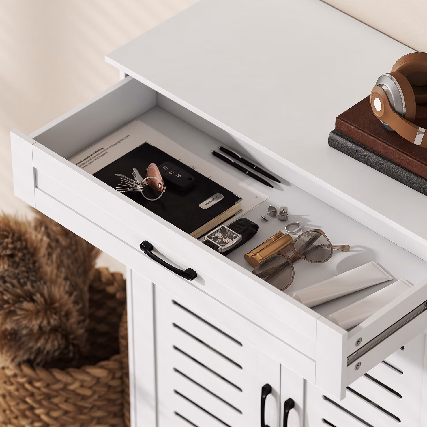 HOMCOM Modern White Shoe Storage Cabinet with Hinged Doors, Drawer and Adjustable Internal Shelves – 4