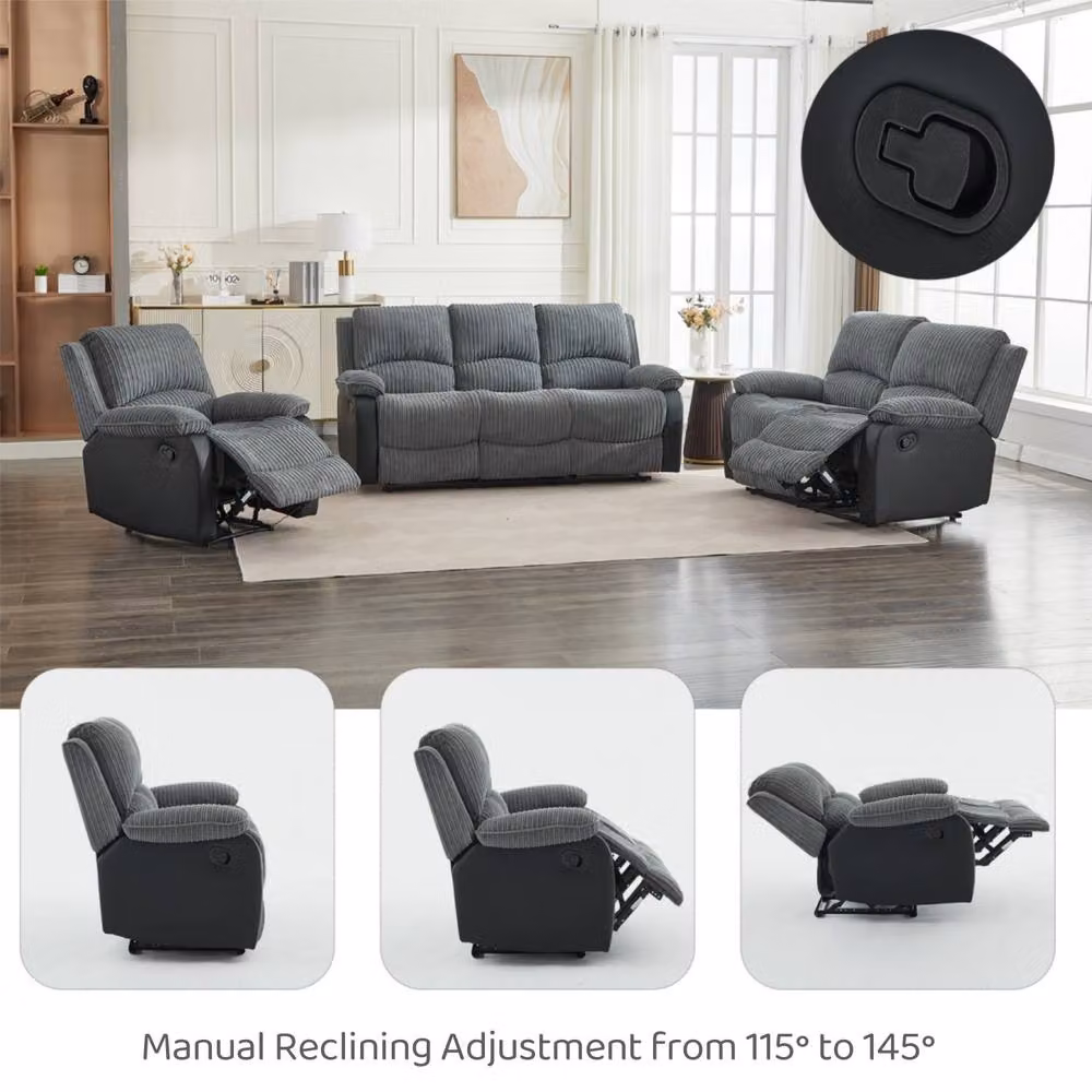 FURNITURE ONE Modern Manual Reclining Corduroy Fabric Sofa Set in Grey – 3
