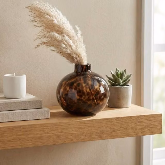 Garden Greatness Relica Round Leopard Print Glass Vase in Multicolour and Brown, H 13.0 cm x W 12.5 cm x D 12.5 cm