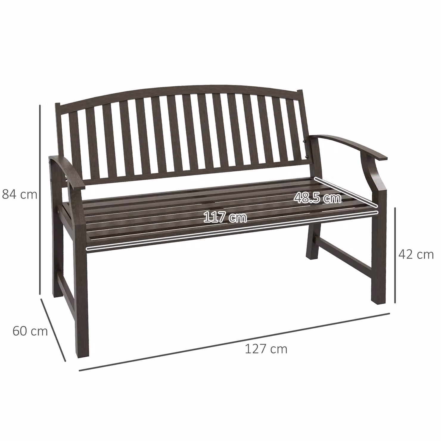 Outsunny Metal Garden Perch with Slatted Seat, Backrest and Curved Arms in Brown – 3