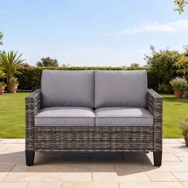 ERGOVEXA Two-Seater Rattan Outdoor Sofa in Grey with Upholstered Cushions and Powder Coated Steel Frame