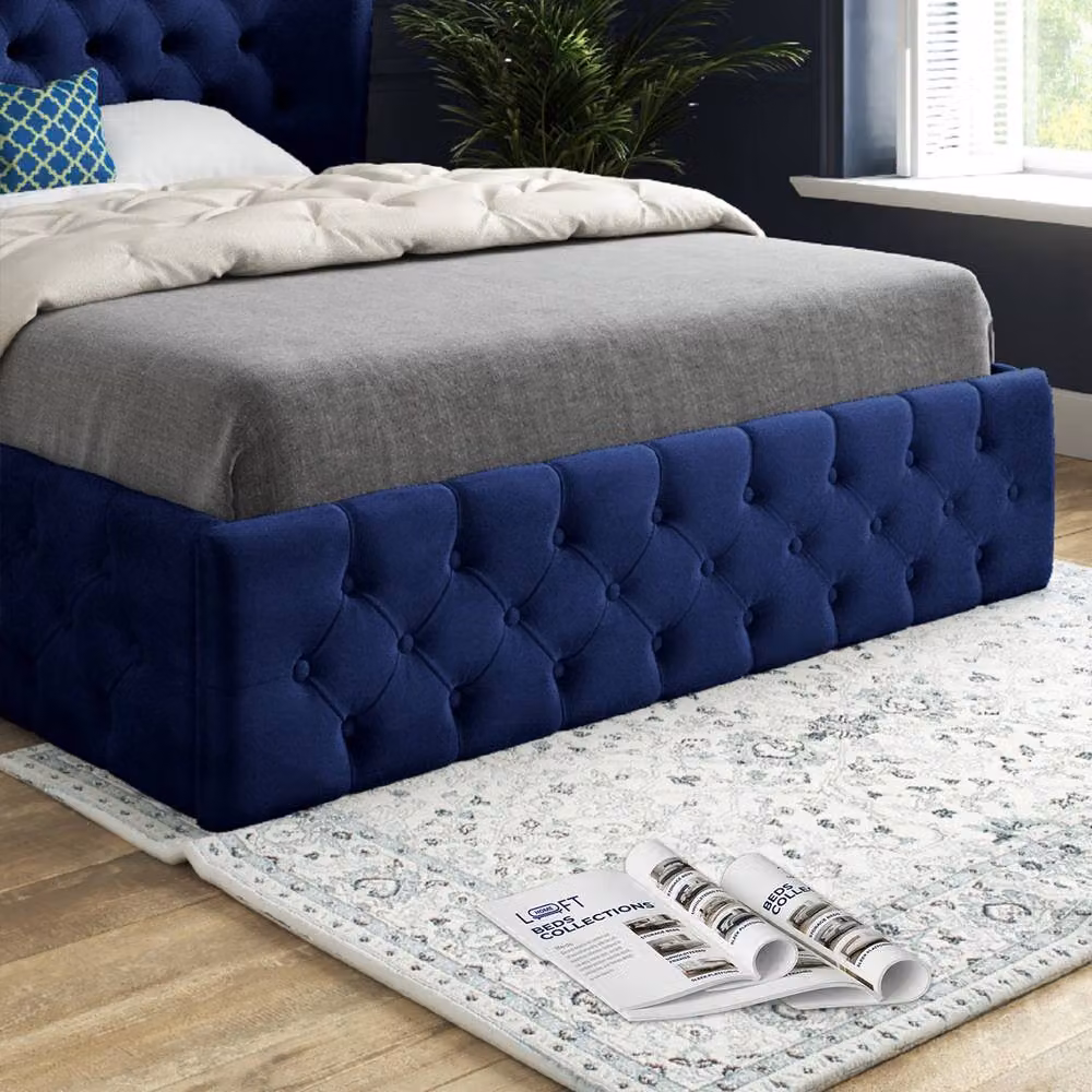 KDMD Ledbury Wide Winged Upholstered Designer Bed Frame in Blue Soft Velvet, Super King, W/D/H: 220 x 200 x 137 cm – 4