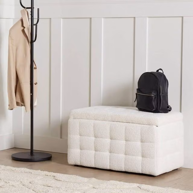 Wyld and Coco White Bouclé Tufted Storage Ottoman Bench