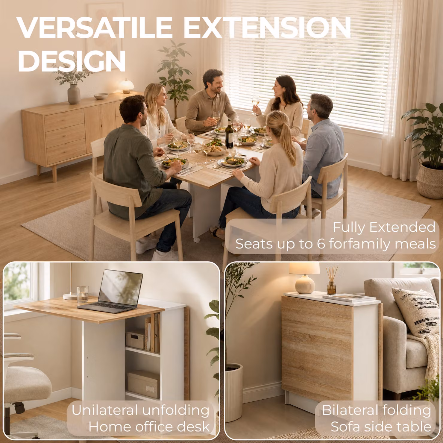HOMCOM White and Natural Folding Dining Table with Drop Leaf, 2-Tier Shelves and Rolling Casters – 3