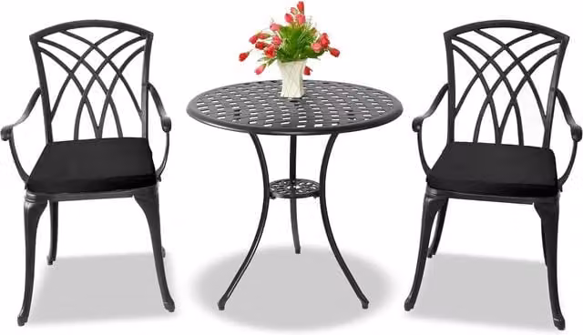 OSHOWA Modern Black Metal Outdoor Bistro Set with Table and 2 Chairs and Black Cushions