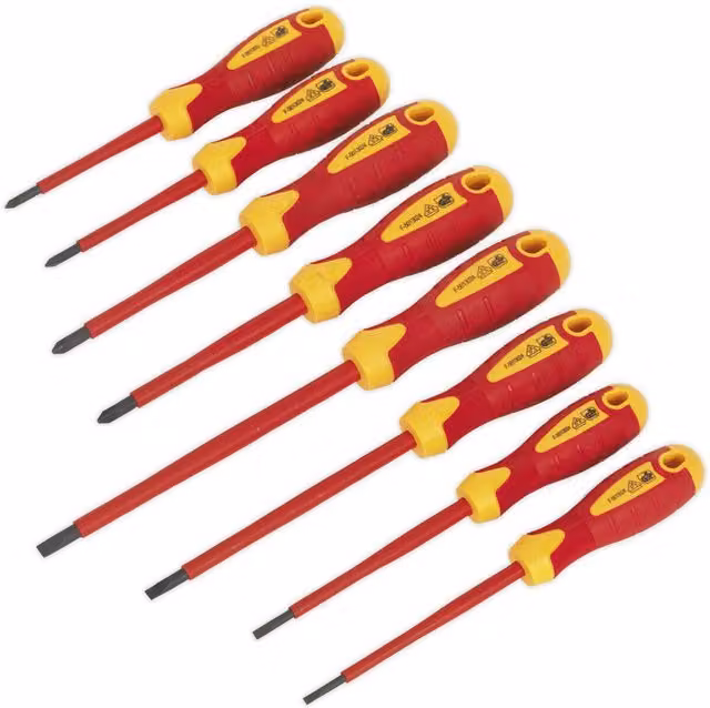 Loops 8 Pack VDE Screwdriver Set with 1000V AC Shock Proof Insulated Chrome Vanadium Shafts and Red Comfort Grips
