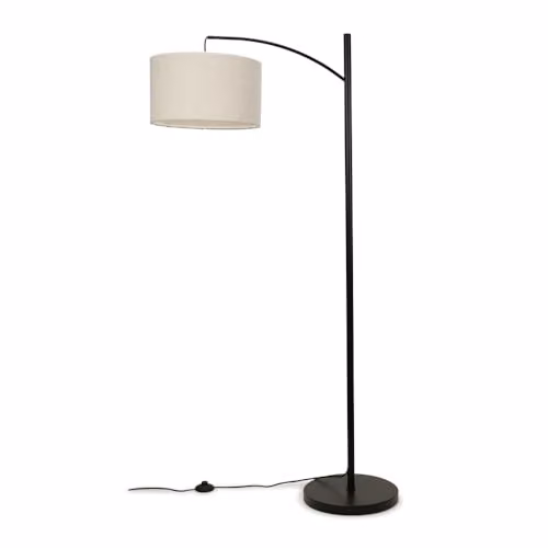 ValueLights Black Metal Curved Stem Floor Lamp with Beige Boucle Fabric Shade and LED Bulb Included – 1