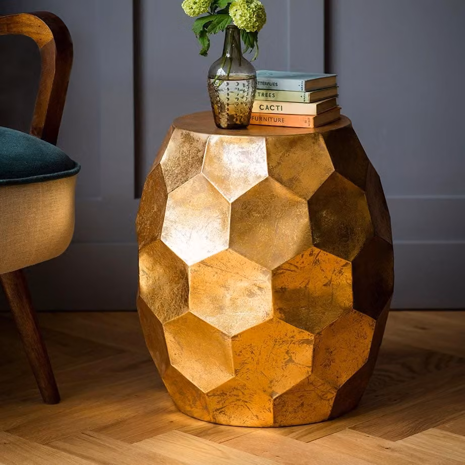 Atkin & Thyme Honeycomb Side Table in Gold Metal with Geometric Design