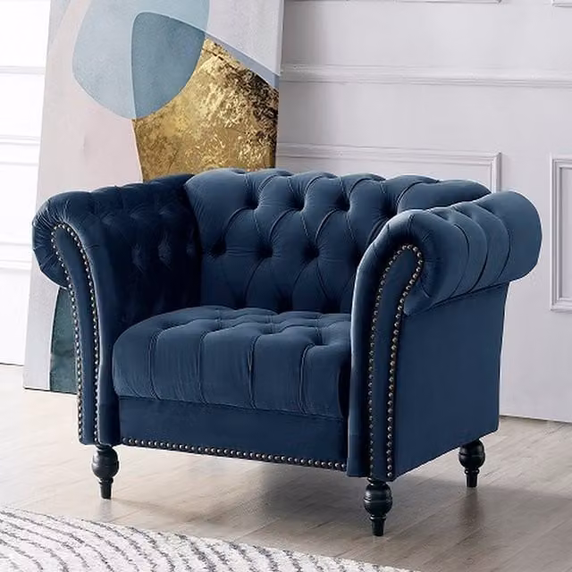 Mayfield 1.5-Seater Chesterfield Sofa Chair in Midnight Blue Velvet Fabric