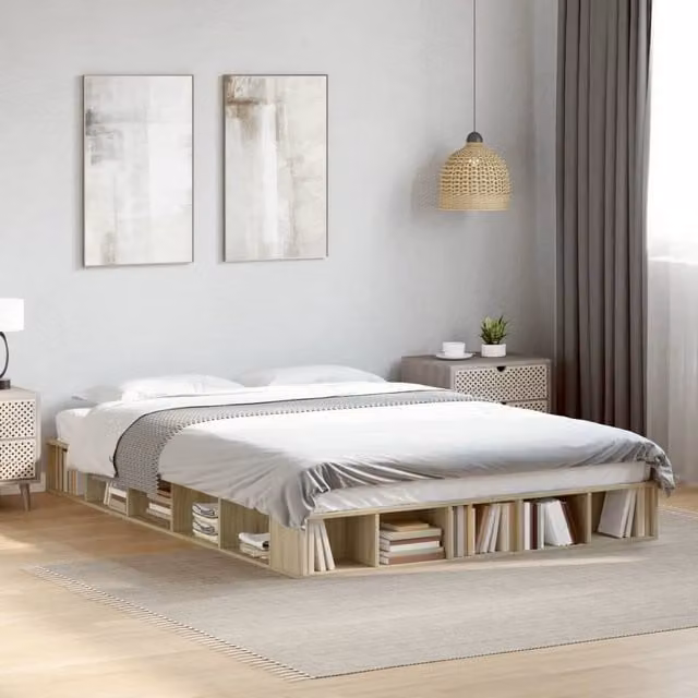 Berkfield Home Sonoma Oak Bed Frame in Brown with Side Compartments, W/D/H: 160 x 200 cm