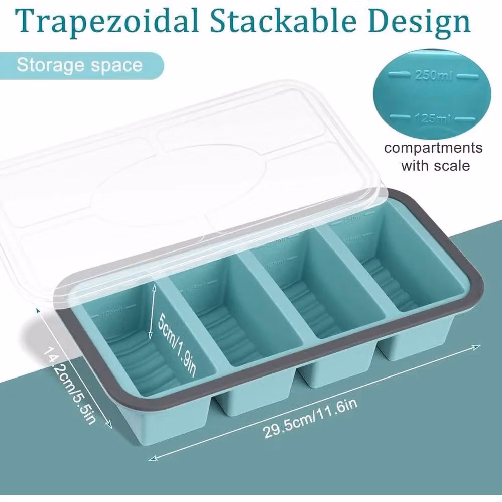 Hinsinc 2-Piece Silicone 4-Compartment Freezer Trays with Snap Lids in Turquoise – 2