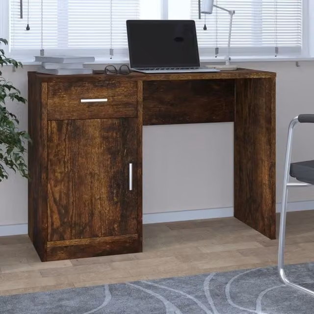 Berkfield Home Computer Desk with Drawer and Cabinet in Smoked Oak Brown, W/D/H: 100 x 40 x 73 cm