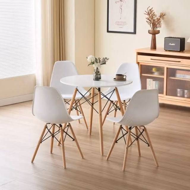 Comfy Living Ltd 5 Piece Mid-Century Dining Set with Round White Wooden Table and 4 White Chairs – 1