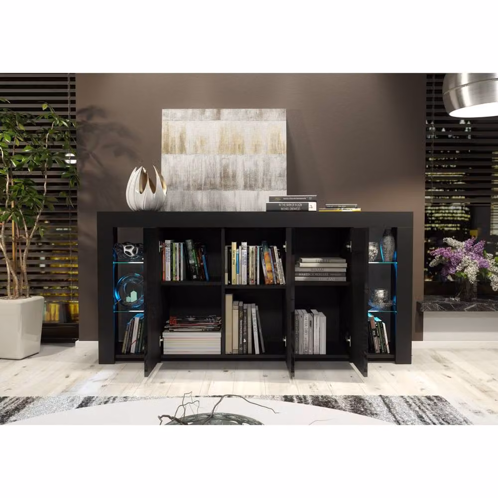 Mex Furniture LTD Eden Sideboard in Black with Glossy Doors and Integrated LED Lighting, W: 164 cm, H: 83 cm, D: 35 cm – 4