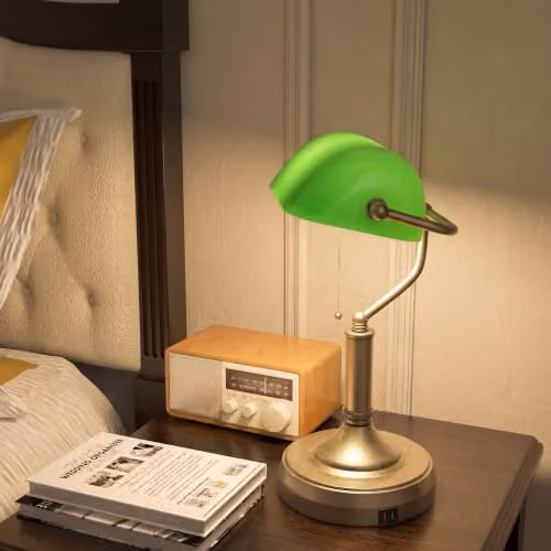 HOMCOM Vintage Banker's Table Lamp with Green Glass Dome Shade and Bronze Metal Base – 5