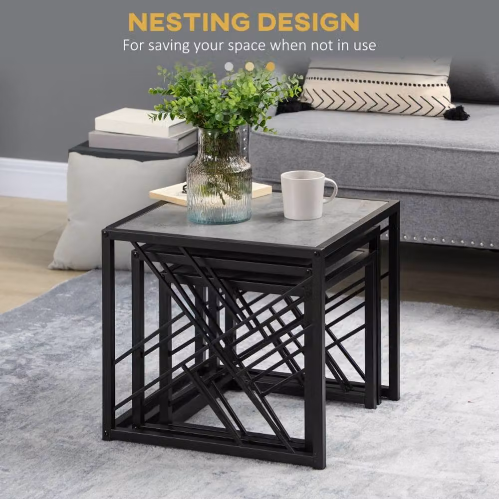 STILVORA Set of 3 Modern Square Nesting Tables with Grey Matt Metal Frame – 2