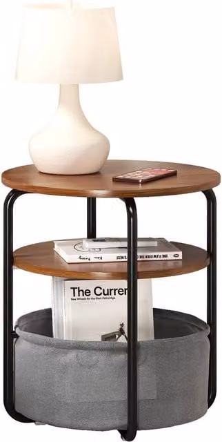VOGREX 3-Tier Round Side Table with Removable Fabric Basket in Grey and Brown