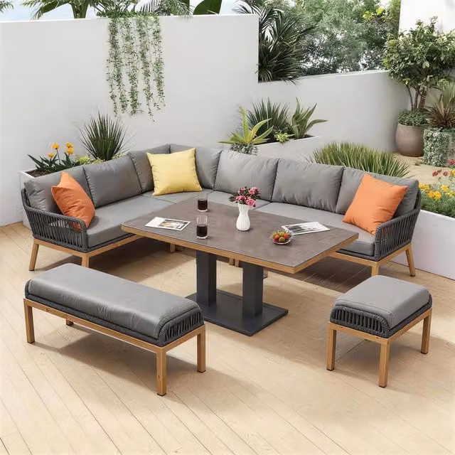 Furniture One Grey Aluminium 9 Seater Outdoor Corner Sofa Set with Stool