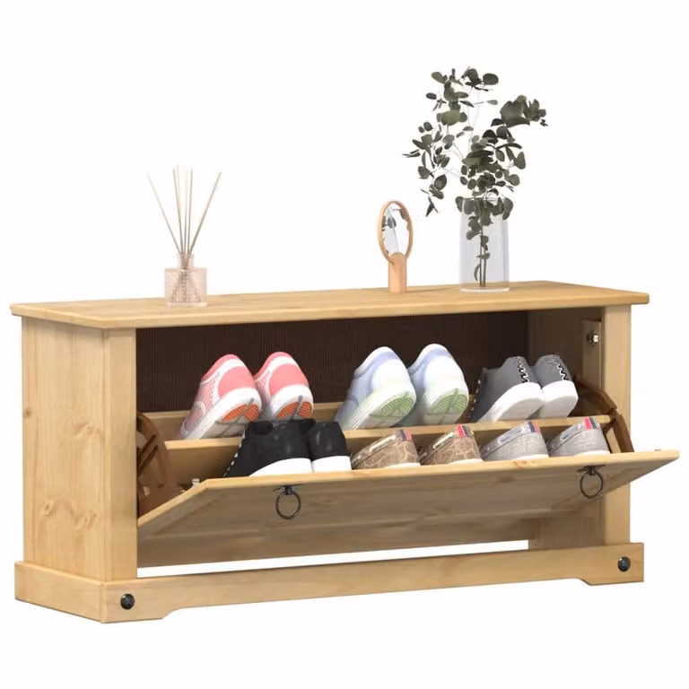 Berkfield Home Corona Shoe Cabinet in Natural Solid Wood Pine, W/D/H: 99 x 32 x 47 cm