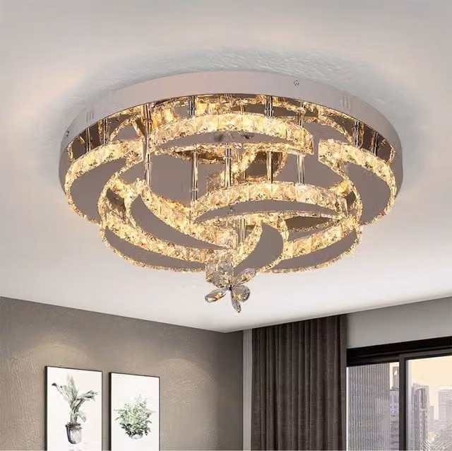 Bath Plus TB+ Modern Crystal LED Ceiling Light with Remote Control in Silver and Transparent