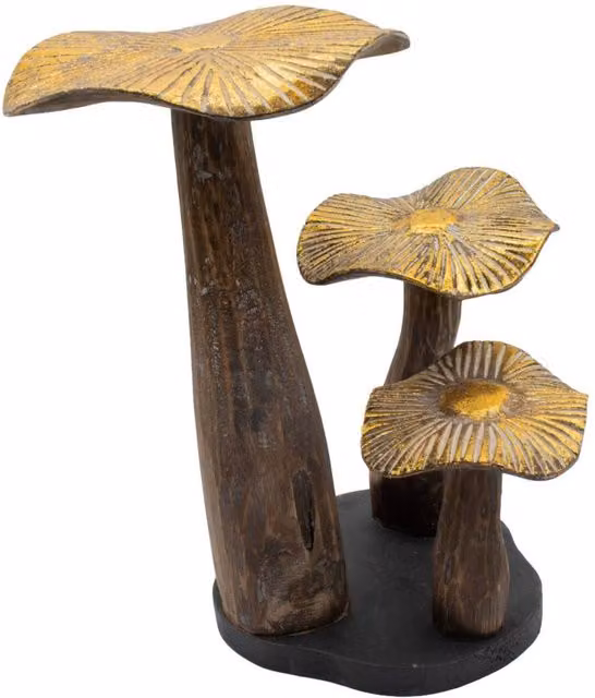 KDMD Large Golden Wood Mushroom Sculpture in Dark Brown and Gold, Height: 32 cm