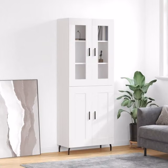 Berkfield Home Modern White Highboard with Glass Doors and Internal Shelves, W/D/H: 69.5 x 34 x 180 cm