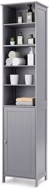 VOGREX Tall Slim Freestanding Bathroom Storage Cabinet with Adjustable Shelves in Grey Matt – 1