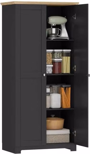 FORGEVIO Black Wooden Storage Cabinet with 4 Shelves and Hinged Doors, H 172 x W 80 x D 48 cm – 1