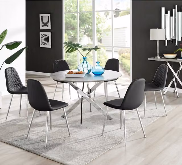 FurnitureboxUK Novara Grey Concrete Round Dining Table and 6 Corona Silver Leg Chairs in Black
