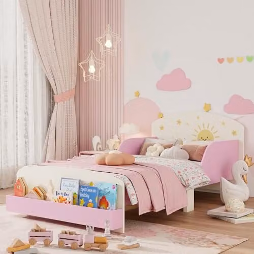 AIYAPLAY Toddler Bed with Side Compartments and Guardrails, Pink, W/D: 140 x 70 cm