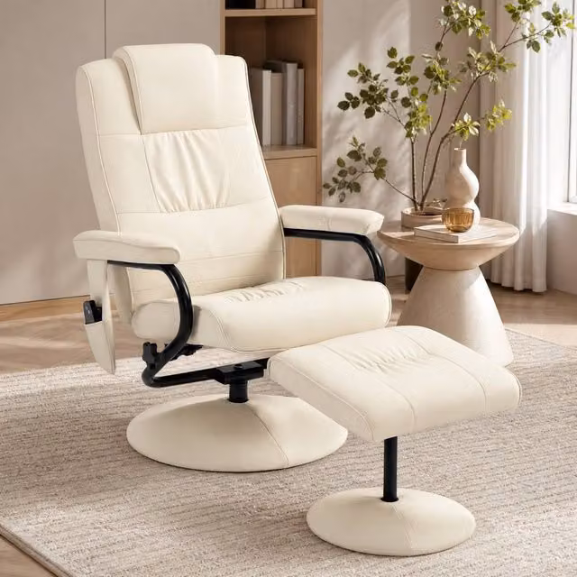 STILVORA Modern Relax Recliner Chair with Matching Ottoman in Beige Synthetic Leather – 1