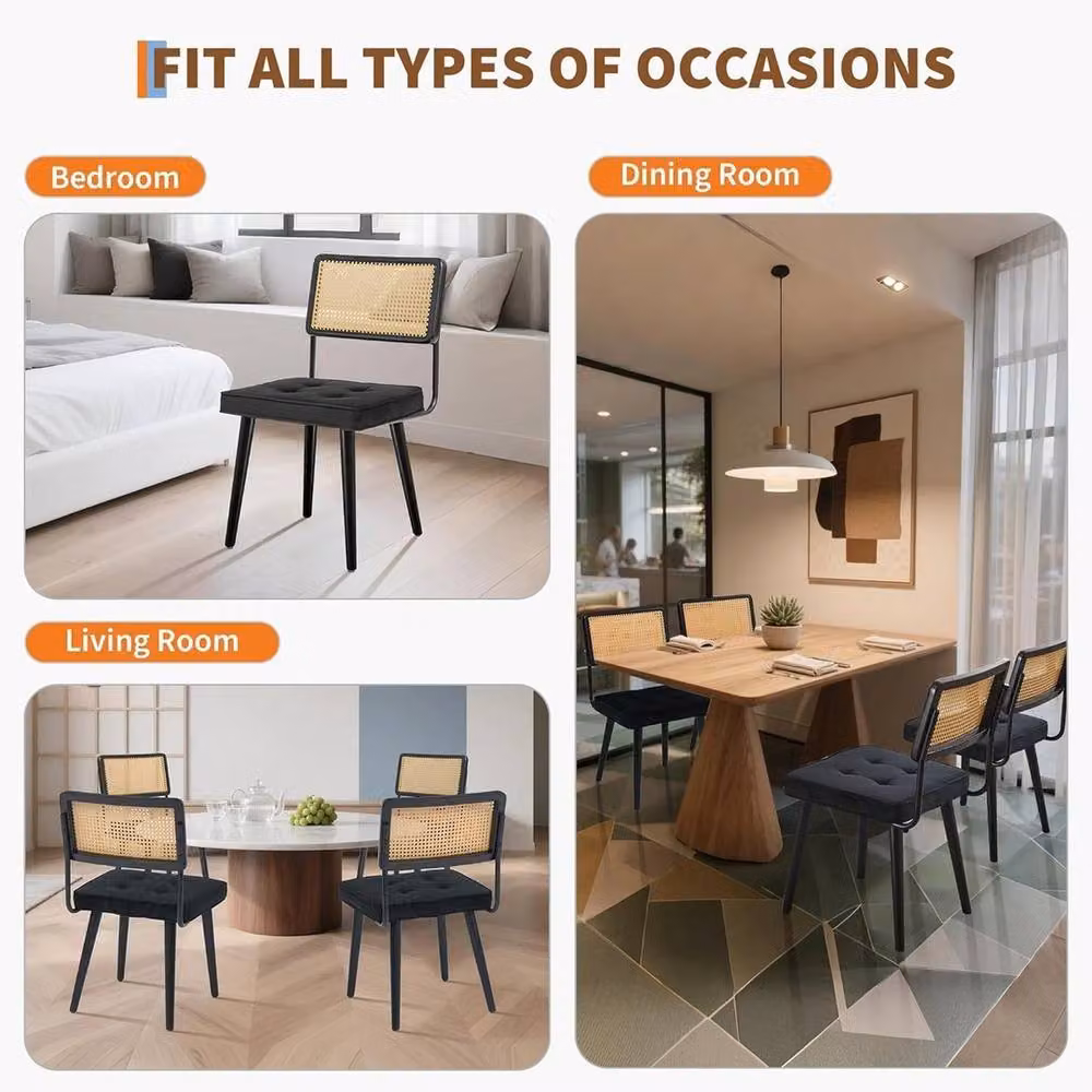 VOGREX Modern Velvet Armless Accent Dining Chairs with Wooden Rattan in Black and Multicolour – 3