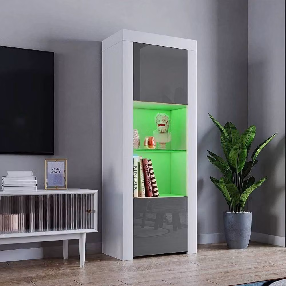 SPETLEK Modern LED Display Cabinet with Glass Doors, White Matt Body and Brown High Gloss Doors – 3