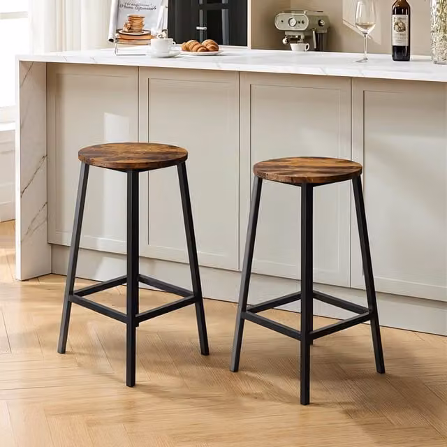 Livingandhome Set of 2 Industrial Round Bar Stools in Black and Brown with Metal and Wood Construction