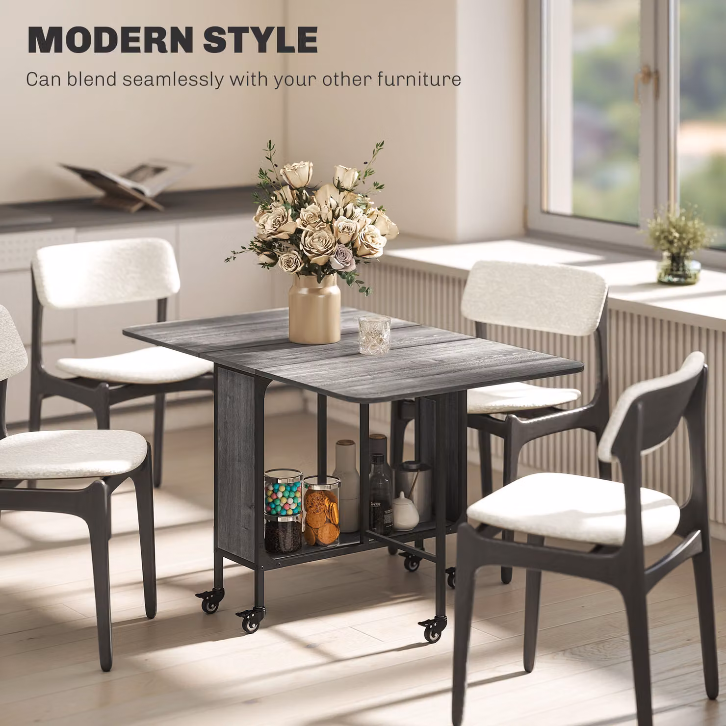 HOMCOM Grey Mobile Drop Leaf Dining Table with Storage Shelf and Castors – 6