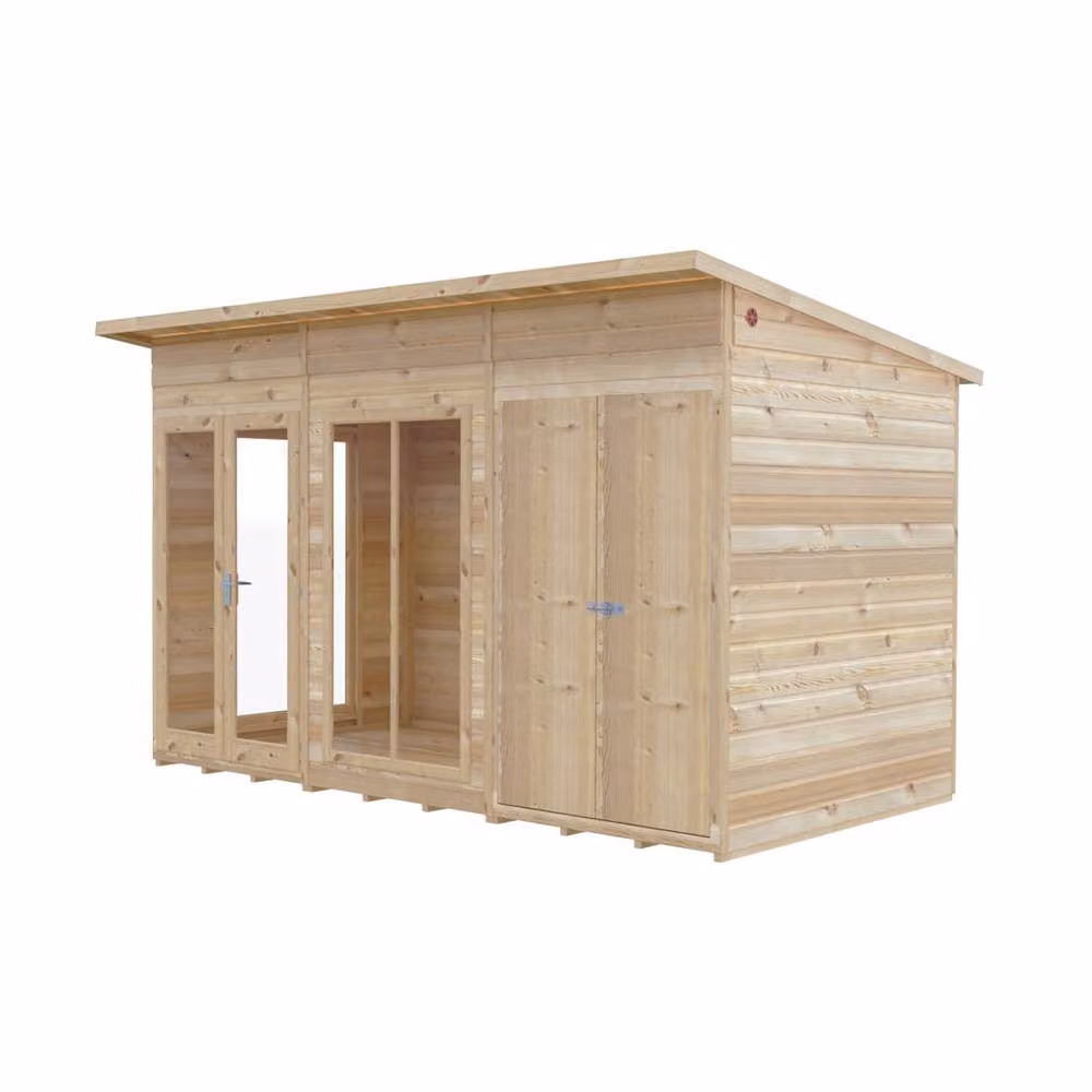 Shires Lela 12x6 Wood Summerhouse with Storage in Light Brown, W357 x D185.8 x H228.4 cm – 2