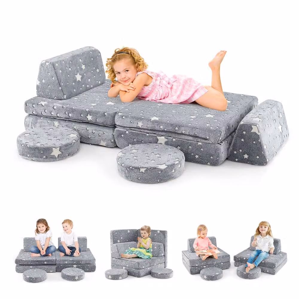 Costway Glow in the Dark Modular Kids Play Couch Set, Grey Fold Out Childrens Sofa – 3