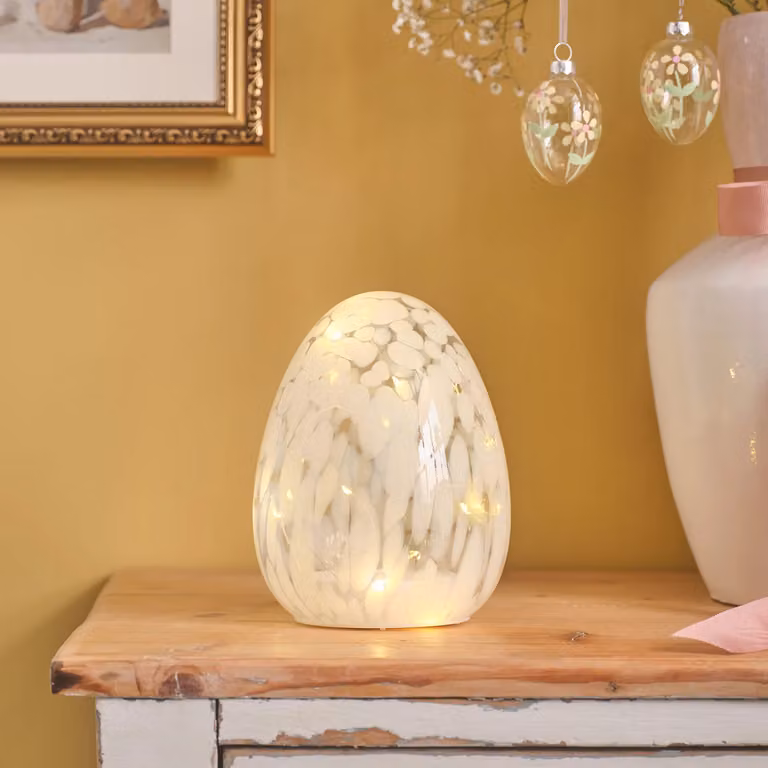 Lights4fun White and Silver Confetti Glass LED Easter Egg Decoration, H: 16.0 cm, W: 12.0 cm
