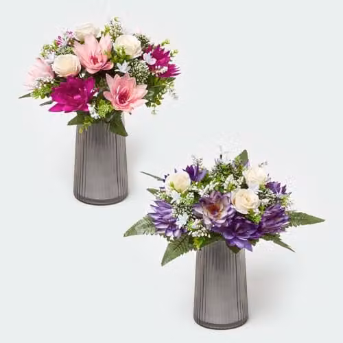 HOMESCAPES Mixed Floral Bouquet Set of 2 Pink, Purple and White Artificial Roses and Lotuses – 1