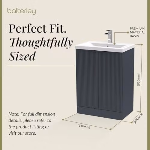 Balterley Floor Standing Bathroom Vanity Unit with Basin and Fluted Front Doors in Dark Grey, W: 61.0 cm, D: 39.0 cm, H: 85.0 cm – 2
