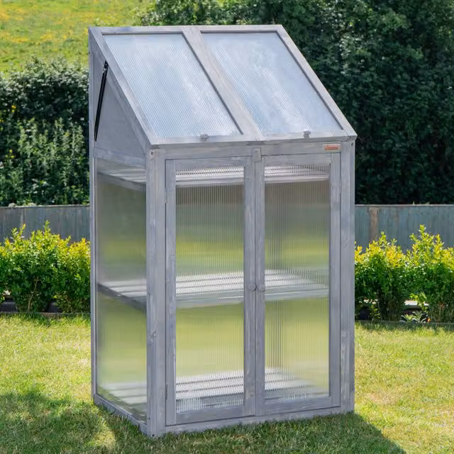 Samuel Alexander Wooden Mini Greenhouse Cold Frame with Shelving, Grey, H120 x W69 x D49 cm – 2